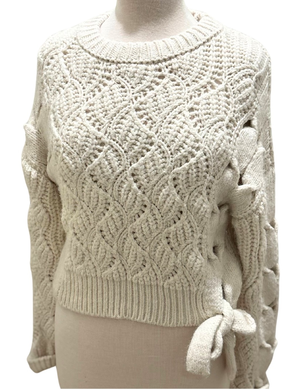 Zara L Cream Chunky Cable Knit Bow Sleeve Cropped Sweater